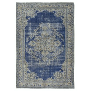 Vintage Handmade Dark Blue Area Rug. Unique Turkish Carpet with Medallion Design