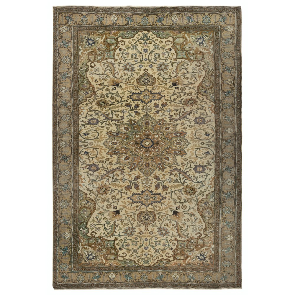 Decorative Vintage Handmade Turkish area Rug in shades of beige, 100% Wool