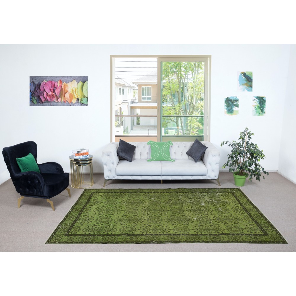 Contemporary Handmade Floral Pattern Turkish Area Rug in Green
