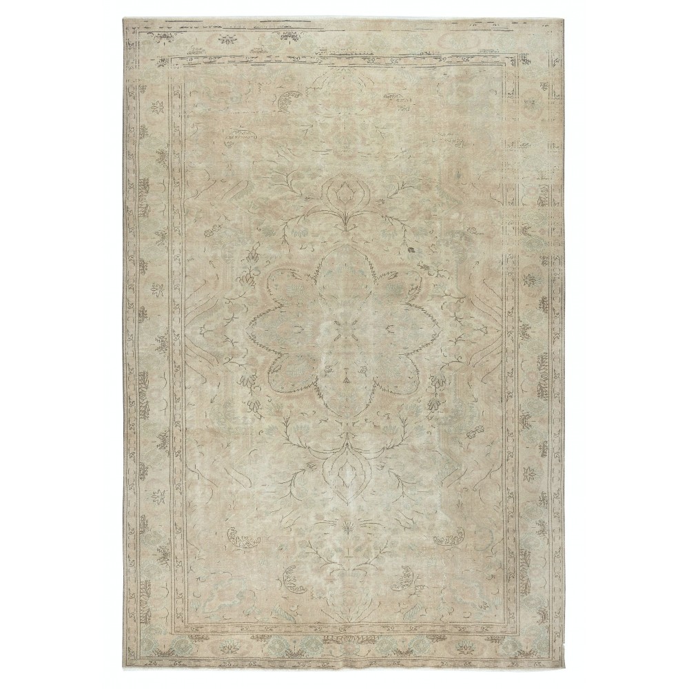 One of a kind Vintage Beige Rug. Handmade Turkish Carpet with Medallion Design
