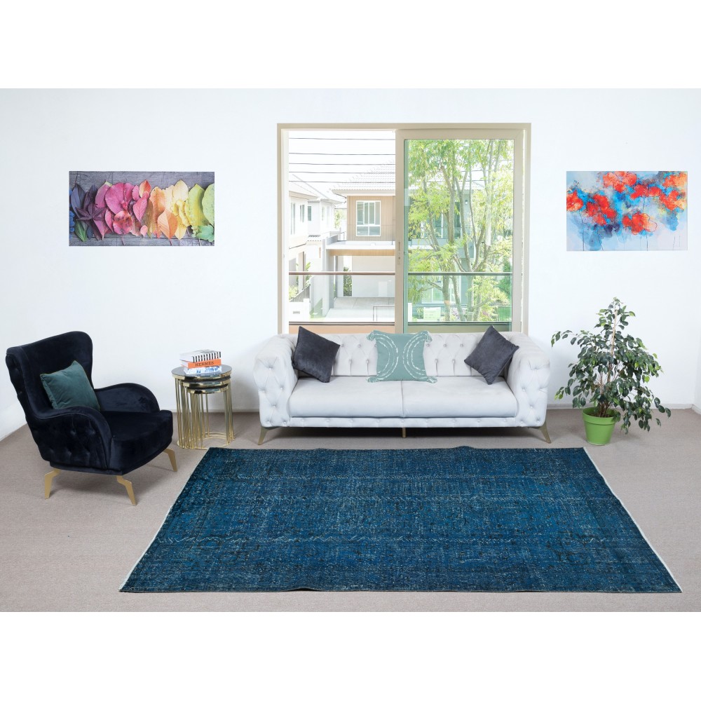 Contemporary Handmade Turkish Wool Area Rug in Navy Blue