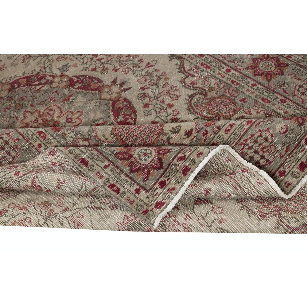 Vintage Handmade Turkish Wool Area Rug in Beige and Red Color