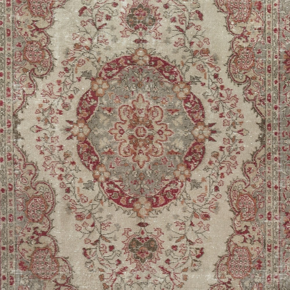 Vintage Handmade Turkish Wool Area Rug in Beige and Red Color