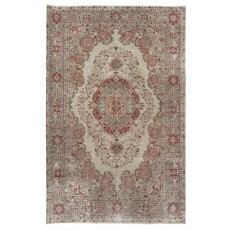 Vintage Handmade Turkish Wool Area Rug in Beige and Red Color