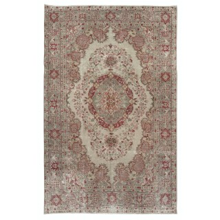 Vintage Handmade Turkish Wool Area Rug in Beige and Red Color