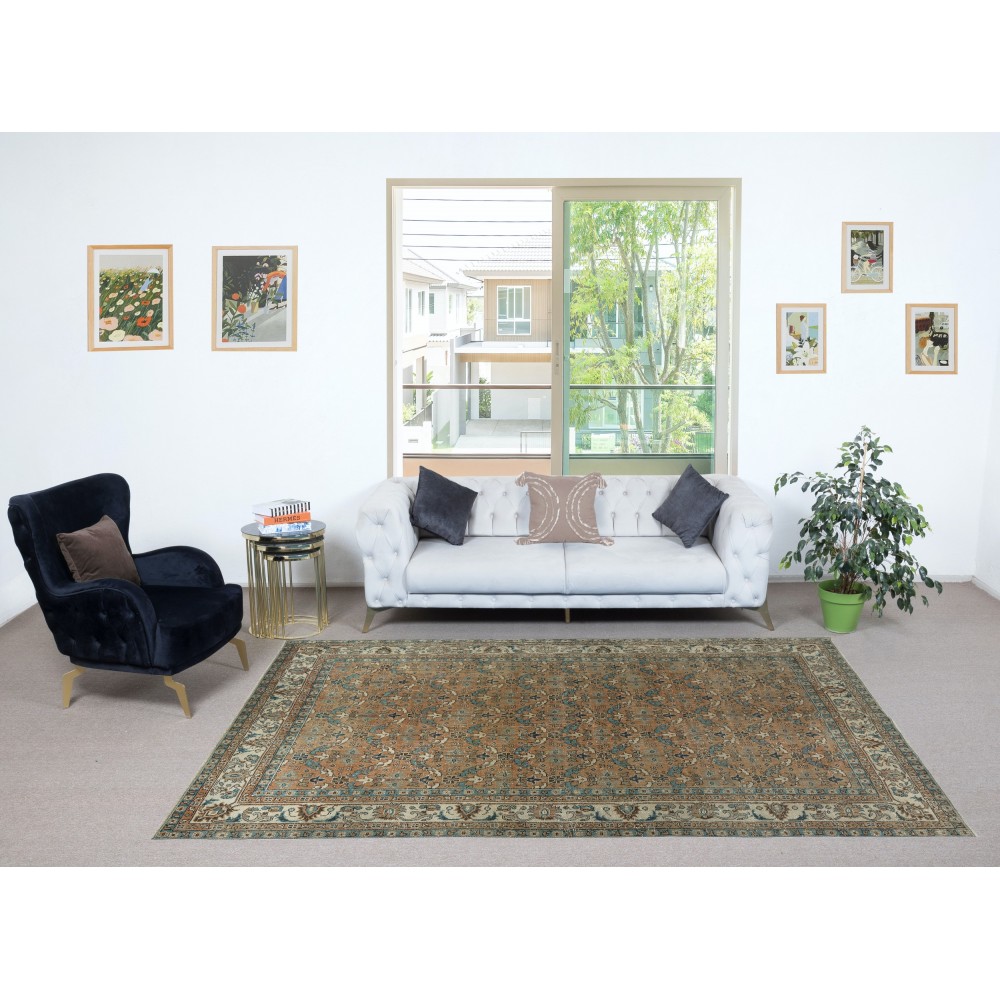 Vintage Handmade Turkish Wool Area Rug with Floral Design