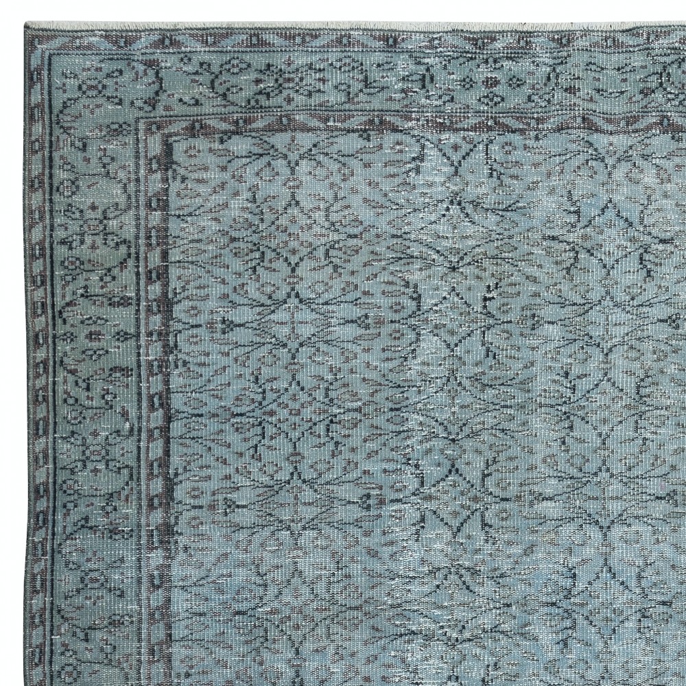 Blue Color Over-Dyed Rug. Handmade Turkish Rug with Floral Design, Modern Home Decoration