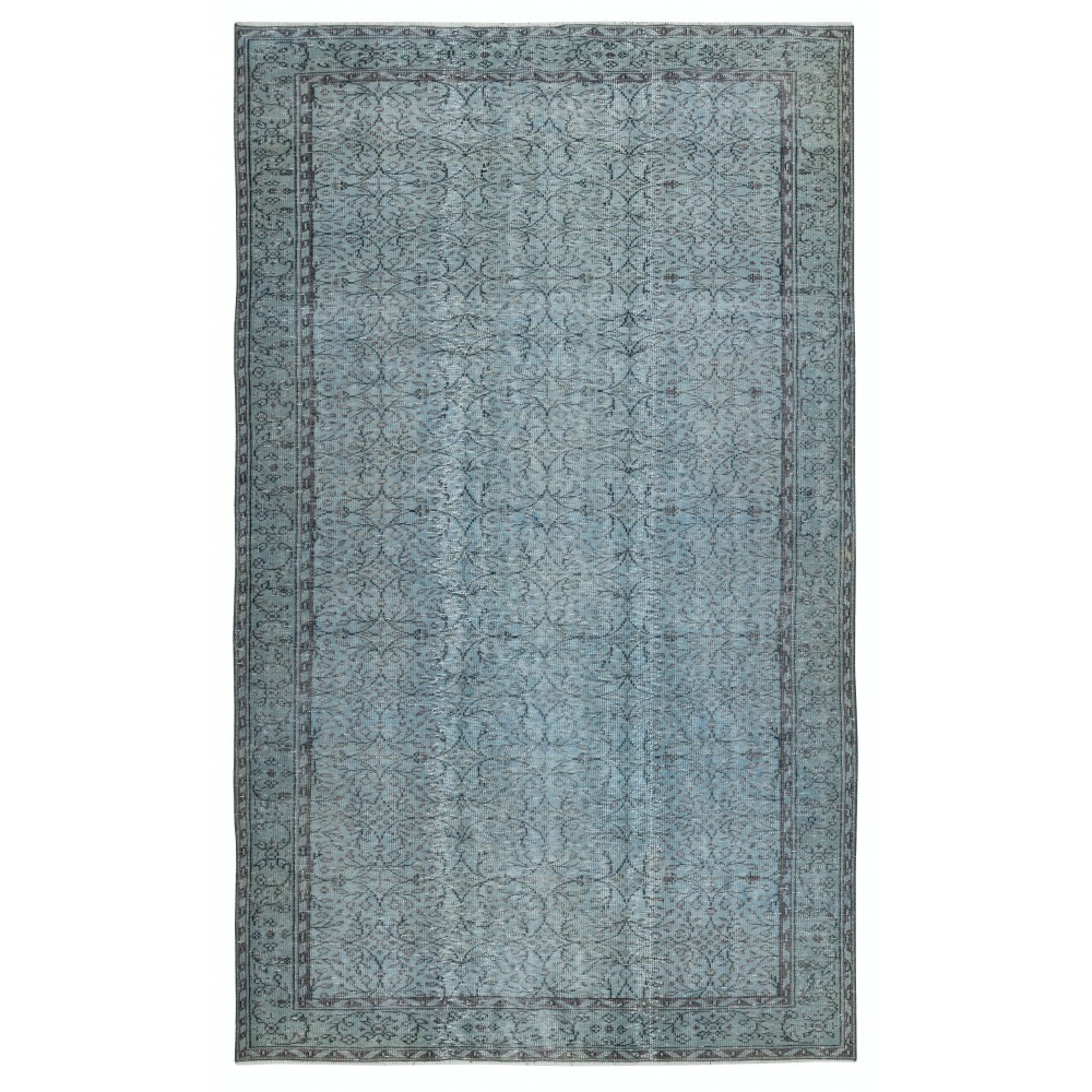 Blue Color Over-Dyed Rug. Handmade Turkish Rug with Floral Design, Modern Home Decoration