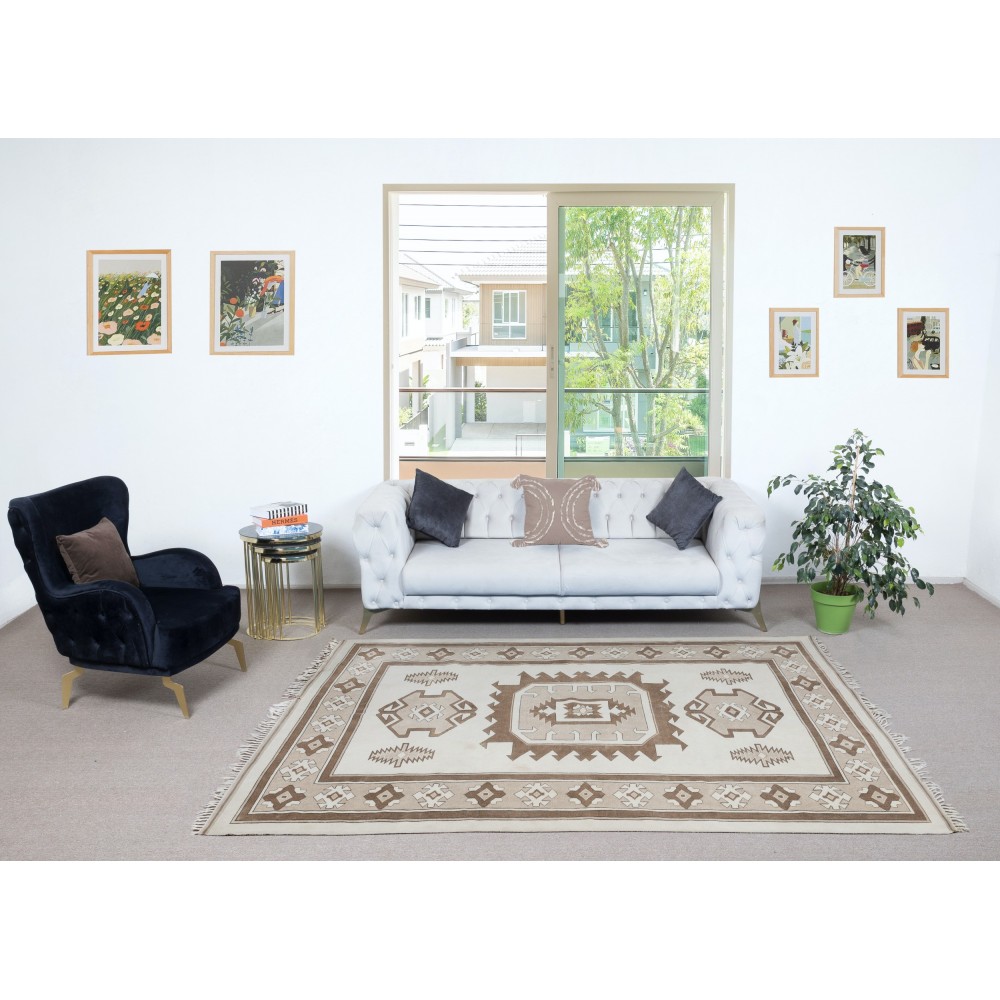 Hand Knotted Vintage Turkish Area Rug in Beige and Brown Color. 100% Wool