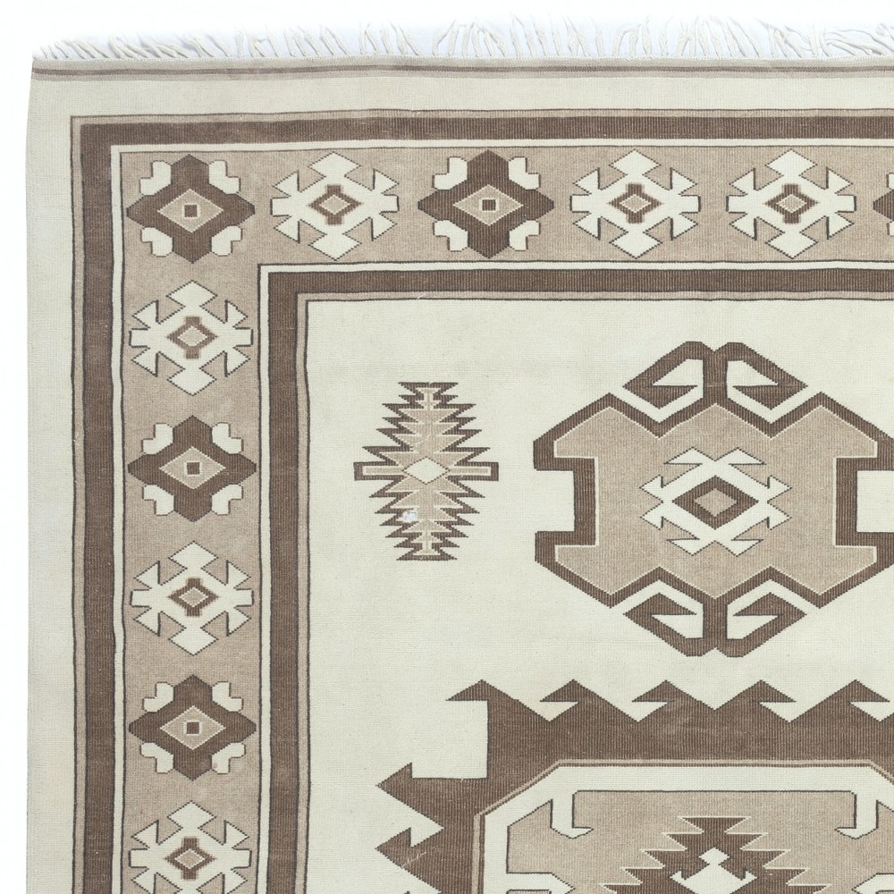 Hand Knotted Vintage Turkish Area Rug in Beige and Brown Color. 100% Wool