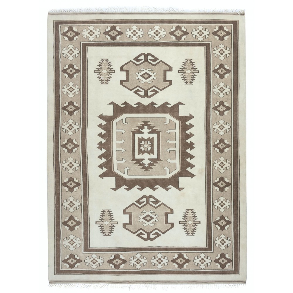 Hand Knotted Vintage Turkish Area Rug in Beige and Brown Color. 100% Wool