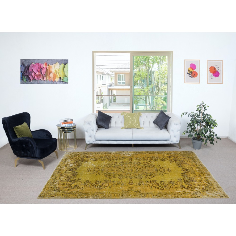Vintage Turkish Area Rug redyed in Yellow Color for modern interiors