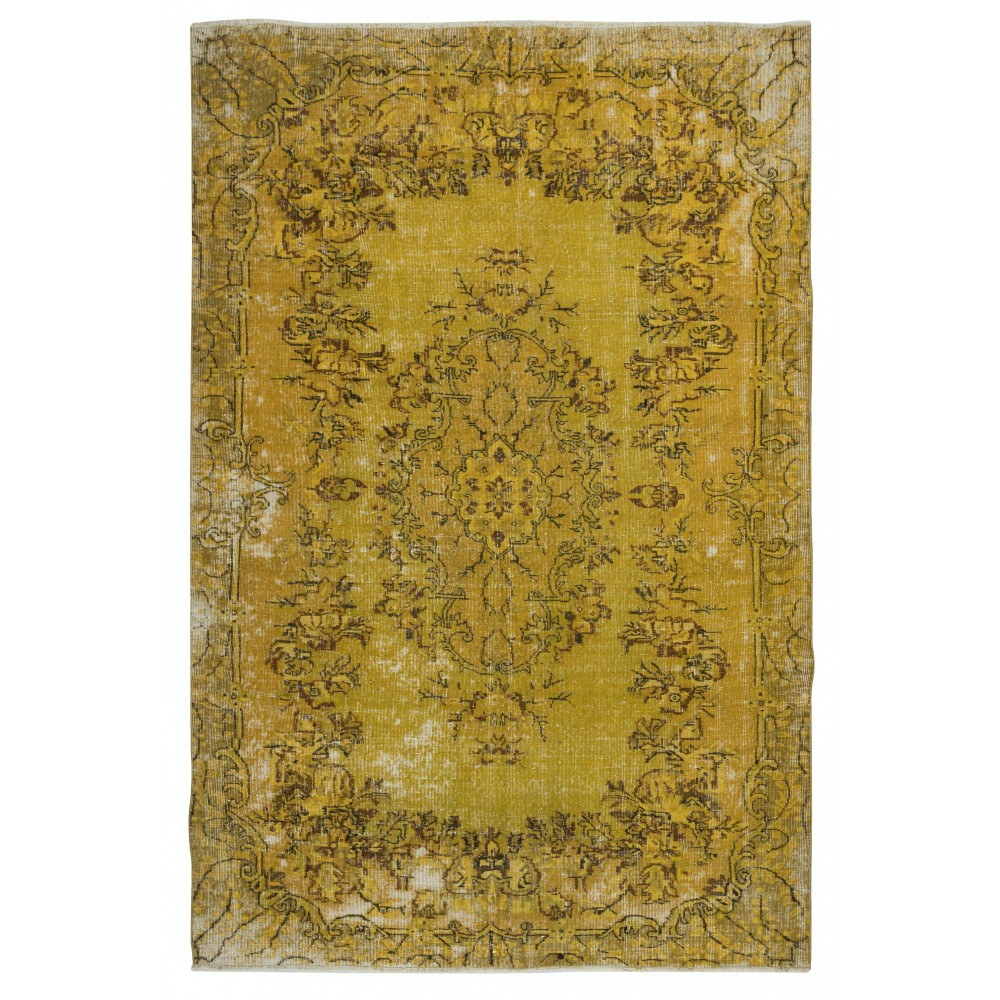 Vintage Turkish Area Rug redyed in Yellow Color for modern interiors