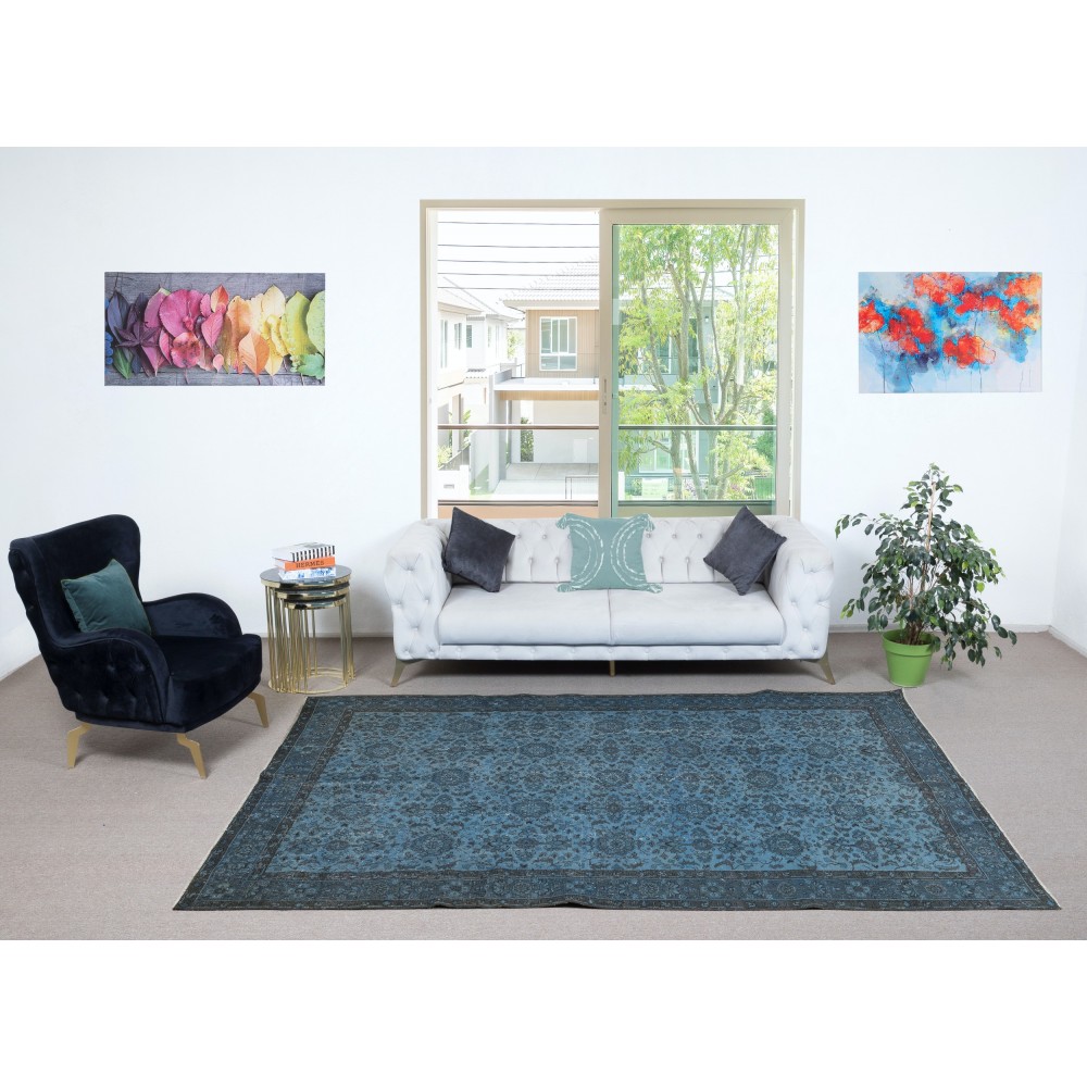 Contemporary Anti-Bacterial Handmade Blue Color Turkish Wool Area Rug with Floral Design