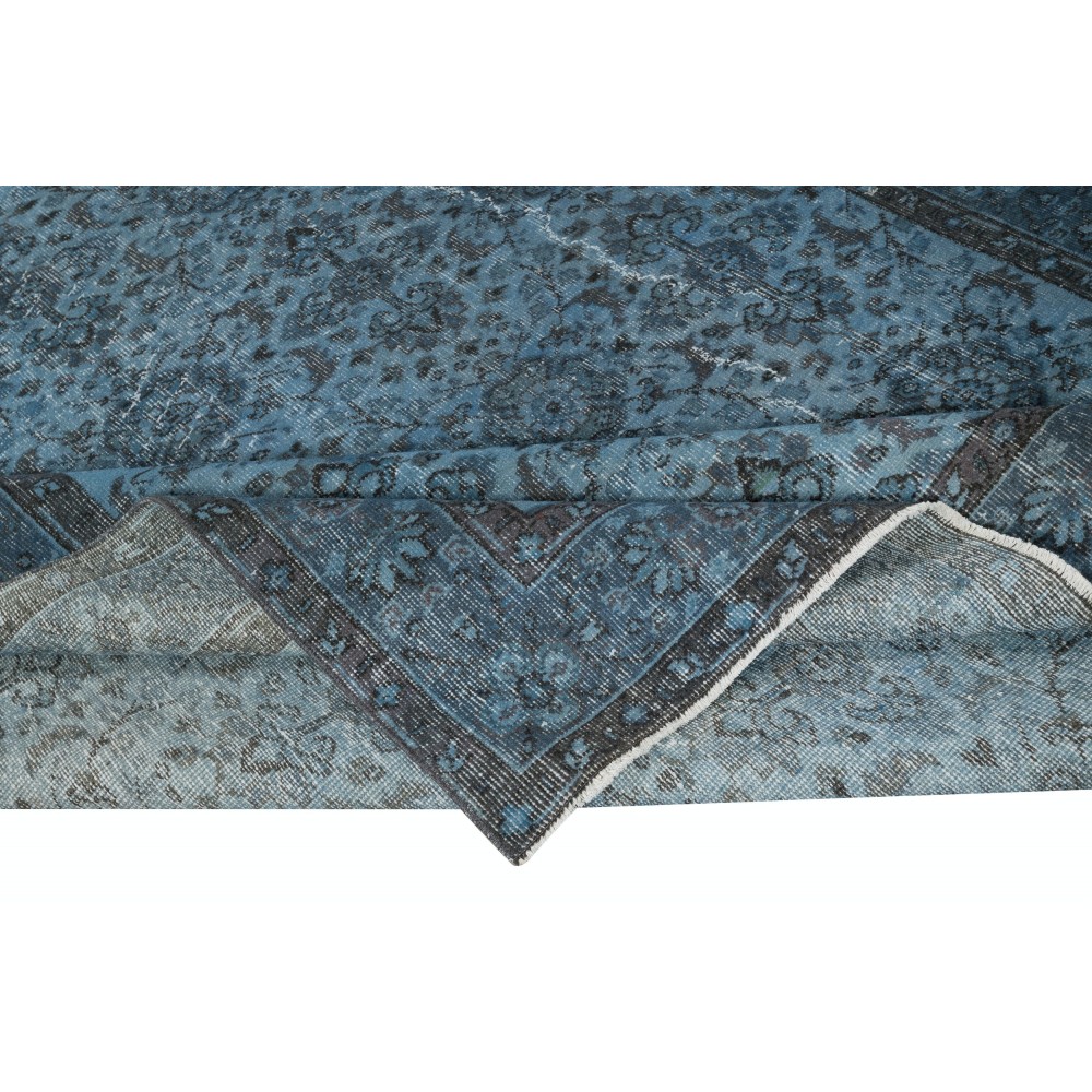 Contemporary Anti-Bacterial Handmade Blue Color Turkish Wool Area Rug with Floral Design