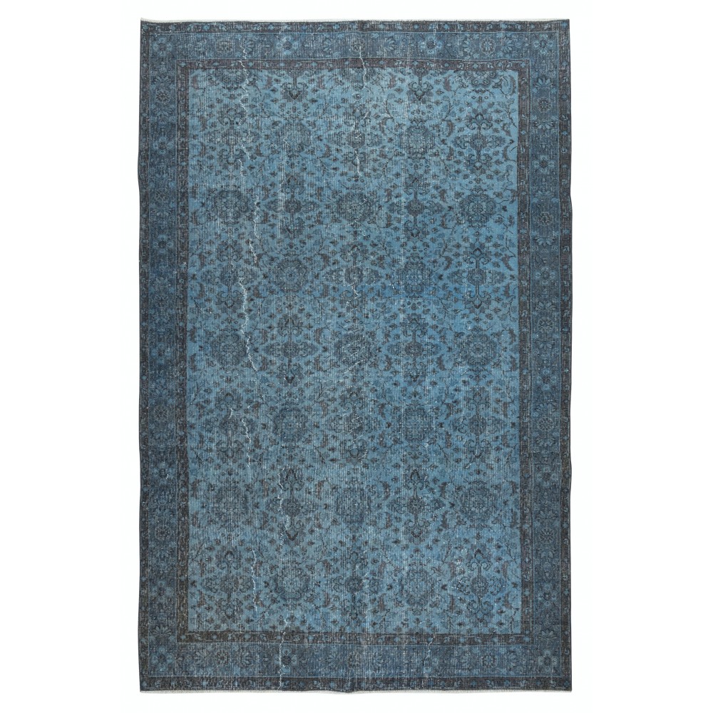 Contemporary Anti-Bacterial Handmade Blue Color Turkish Wool Area Rug with Floral Design
