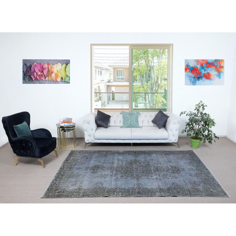 Blue Color Over-Dyed Rug. Handmade Turkish Rug. Modern Home Decor