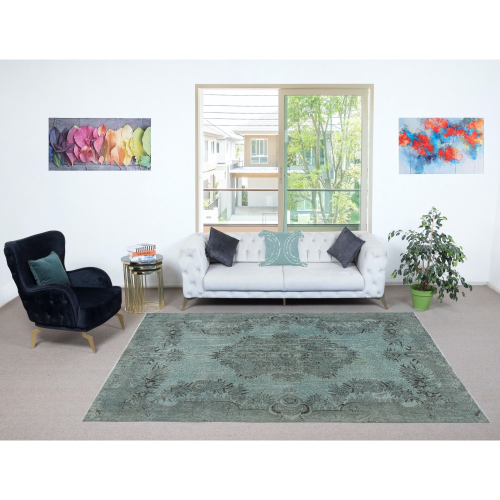 Contemporary Hand Knotted Turkish Area Rug Re-Dyed in Light Blue Color