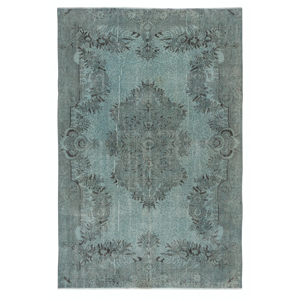 Contemporary Hand Knotted Turkish Area Rug Re-Dyed in Light Blue Color