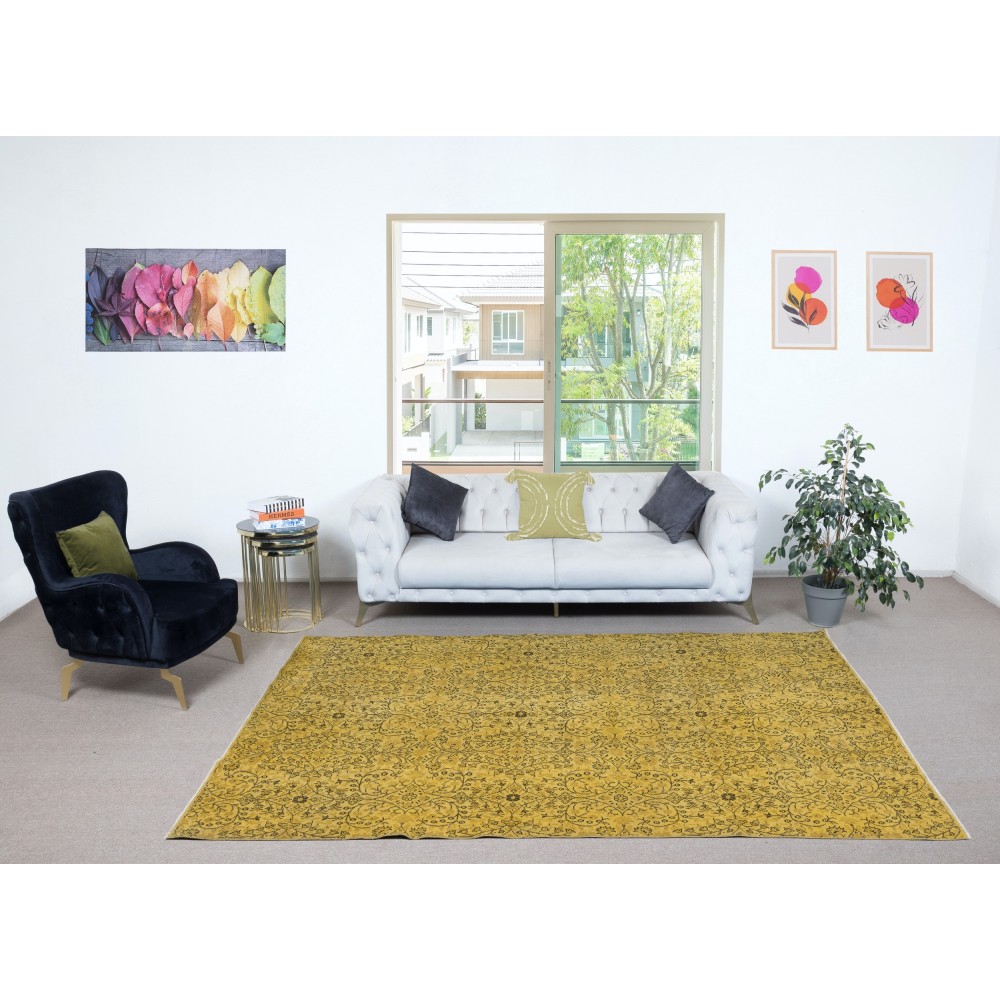 Vintage Handmade Floral Patterned Turkish Area Rug dyed in Yellow 4 Modern Interiors
