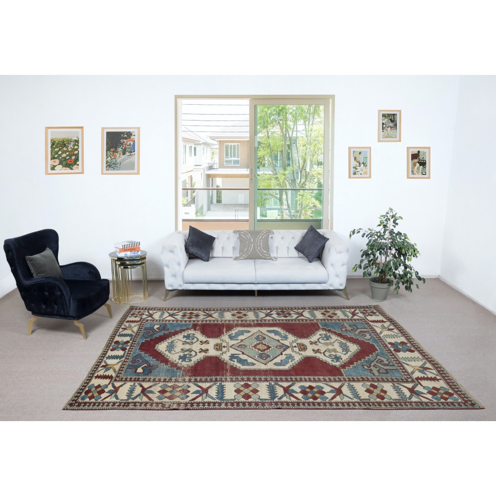 Hand Knotted Vintage Turkish Area Rug with Geometric Medallion Design
