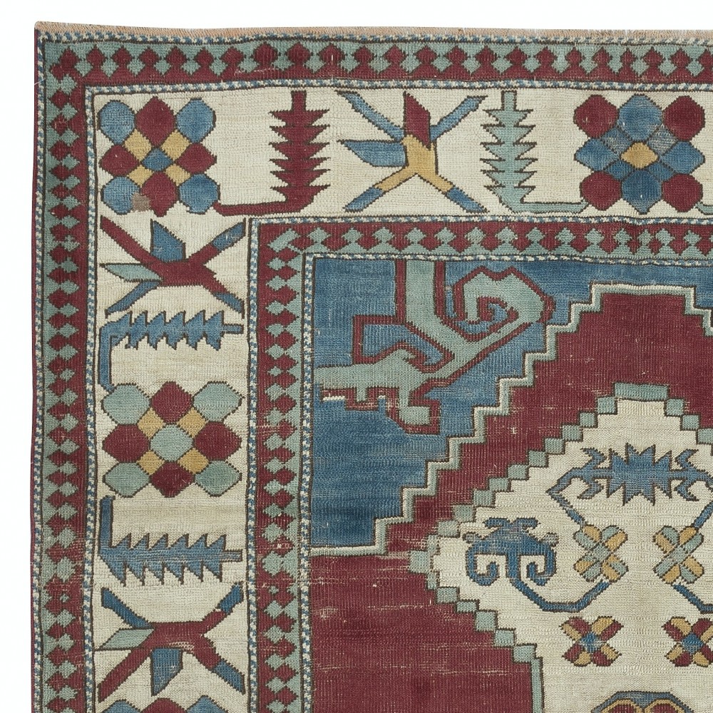 Hand Knotted Vintage Turkish Area Rug with Geometric Medallion Design