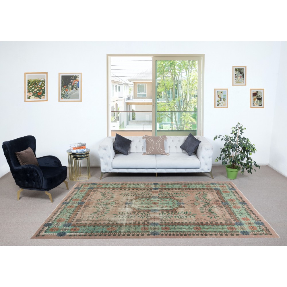 Hand knotted Turkish Rug in Pink and Green. One of a kind Vintage Carpet