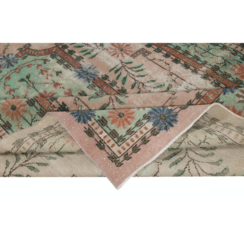 Hand knotted Turkish Rug in Pink and Green. One of a kind Vintage Carpet