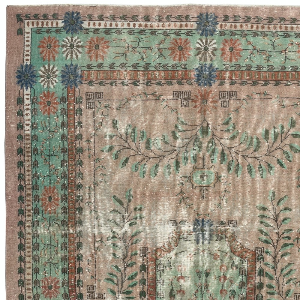 Hand knotted Turkish Rug in Pink and Green. One of a kind Vintage Carpet
