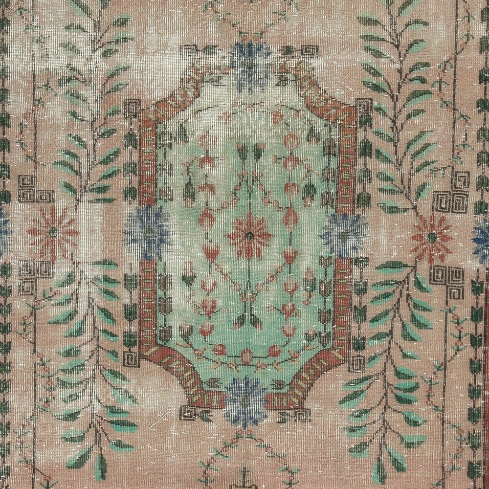 Hand knotted Turkish Rug in Pink and Green. One of a kind Vintage Carpet
