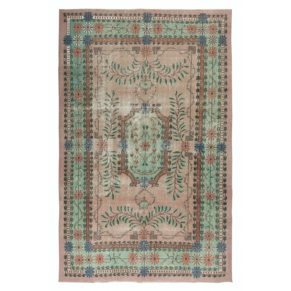 Hand knotted Turkish Rug in Pink and Green. One of a kind Vintage Carpet