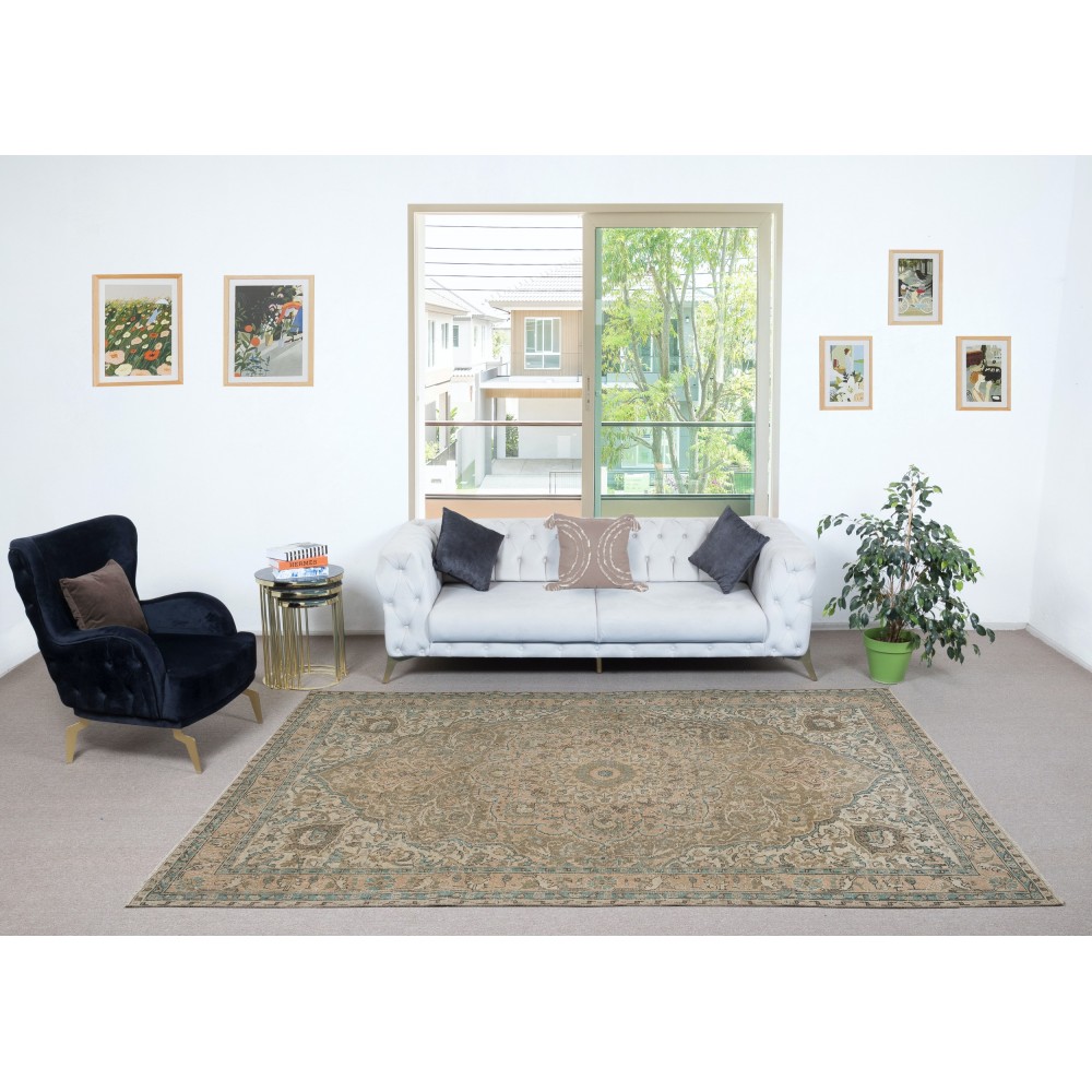 Vintage Turkish Wool Area Rug in Muted Colors, One-of-a-kind Handmade Large Carpet