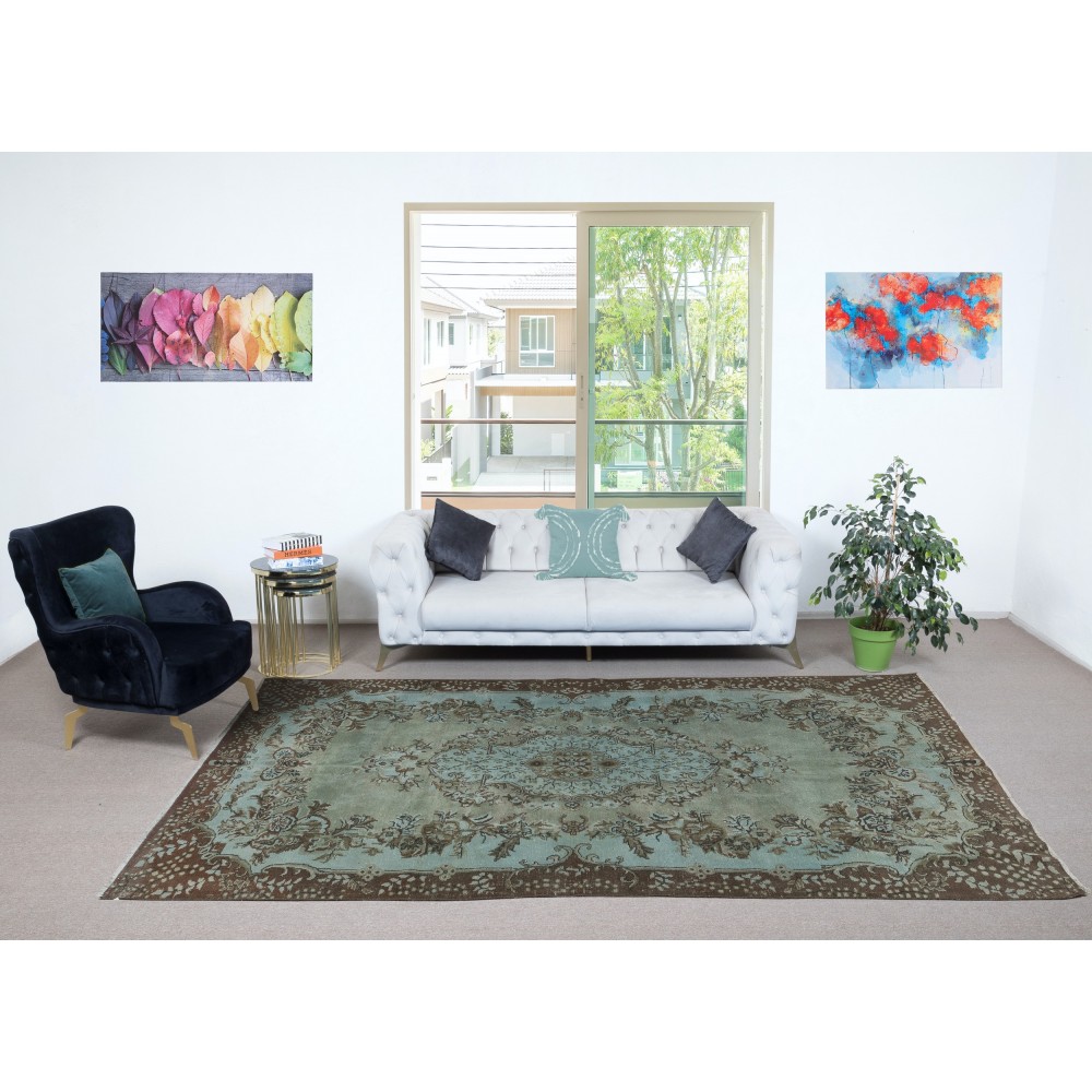 Hand Knotted Turkish Wool Area Rug in Blue Color, Contemporary Medallion Design Carpet