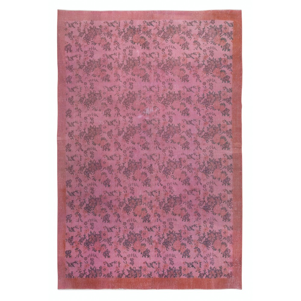 Modern Handmade Turkish Wool Area Rug with Floral Design and Pink Solid Border