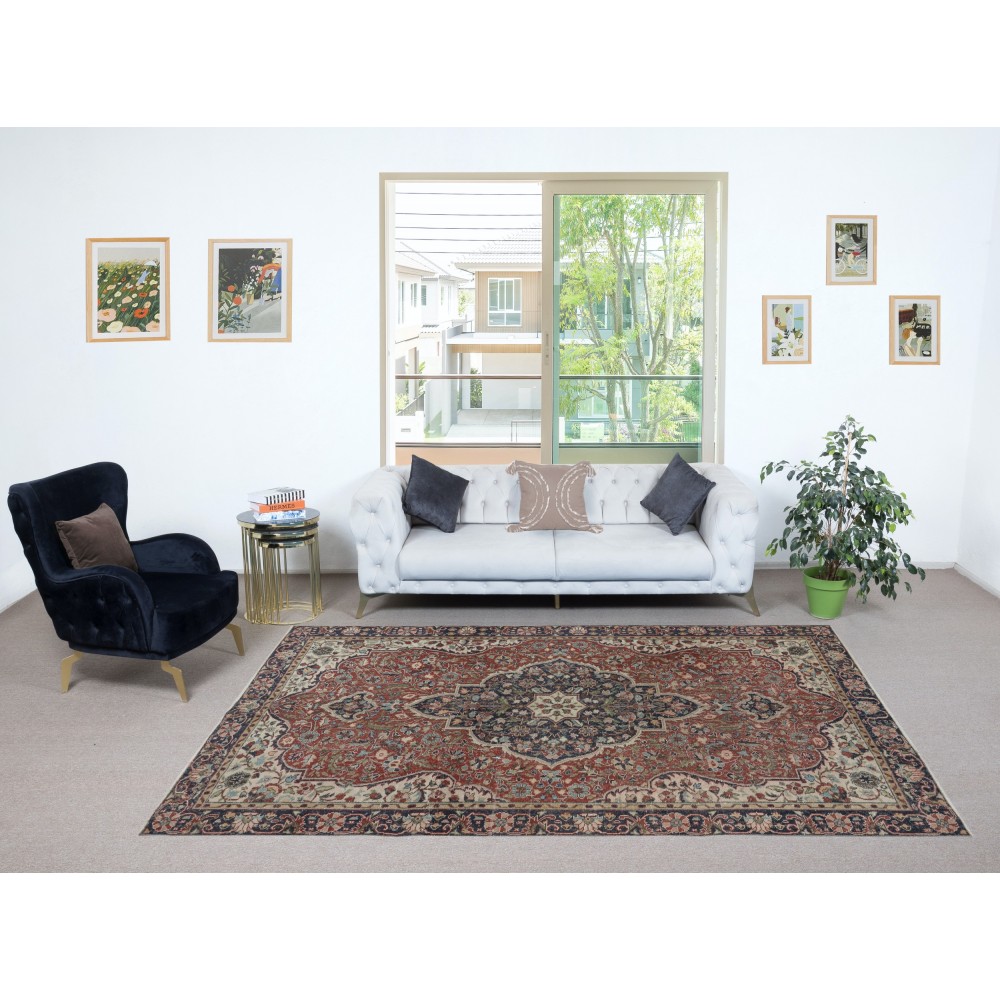 Vintage Handmade Wool Area Rug. One of a kind Turkish Carpet with Medallion Design