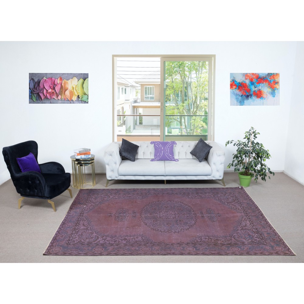 Vintage Handmade Turkish Area Rug redyed in Purple Color for modern interiors