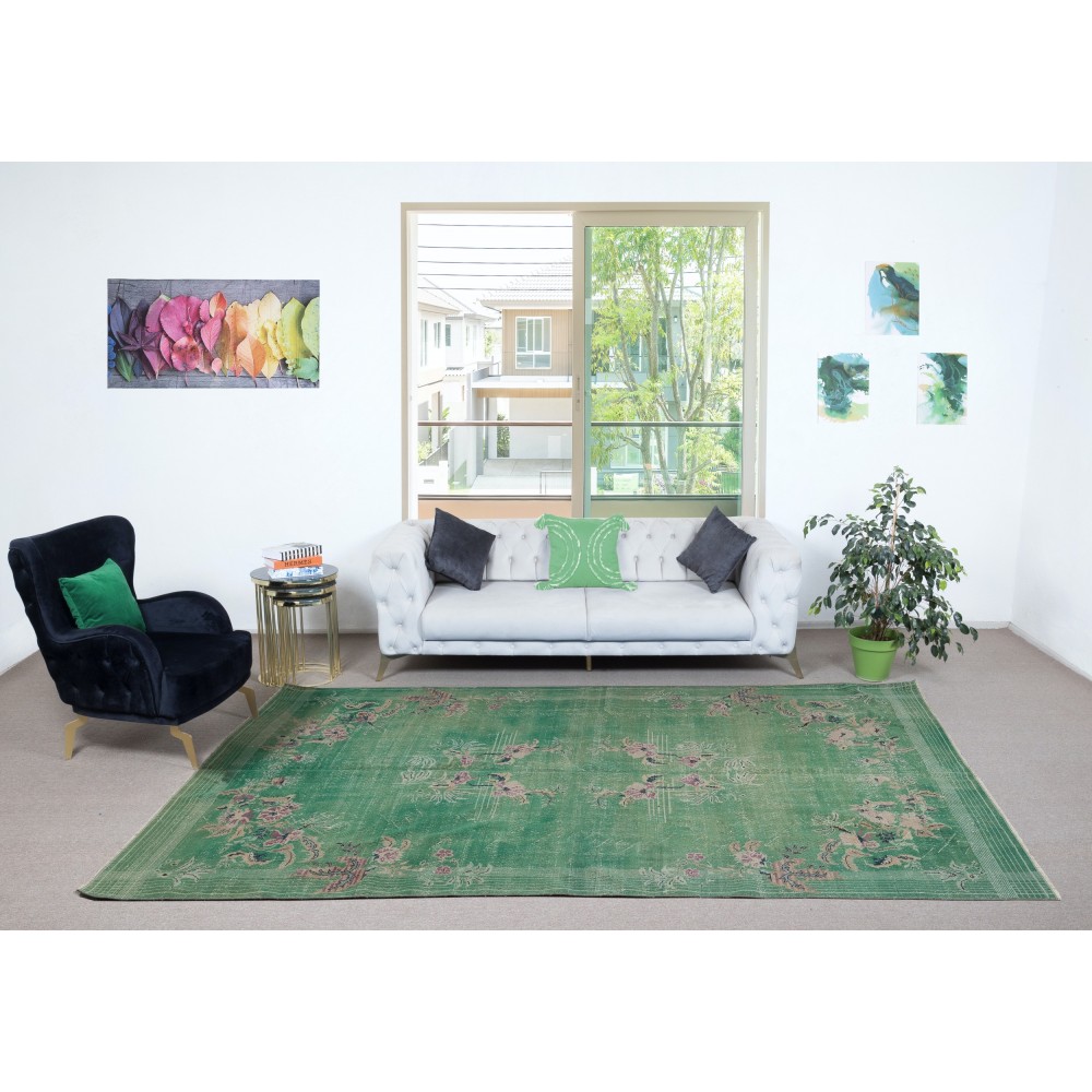Chinese Art Deco Design Handmade Wool Area Rug in Green Color