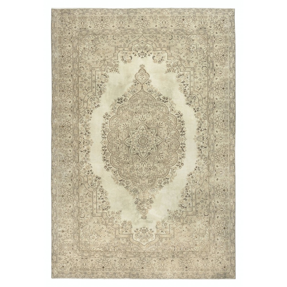 One of a kind Vintage Beige Turkish Rug. Handmade Sun Faded Carpet