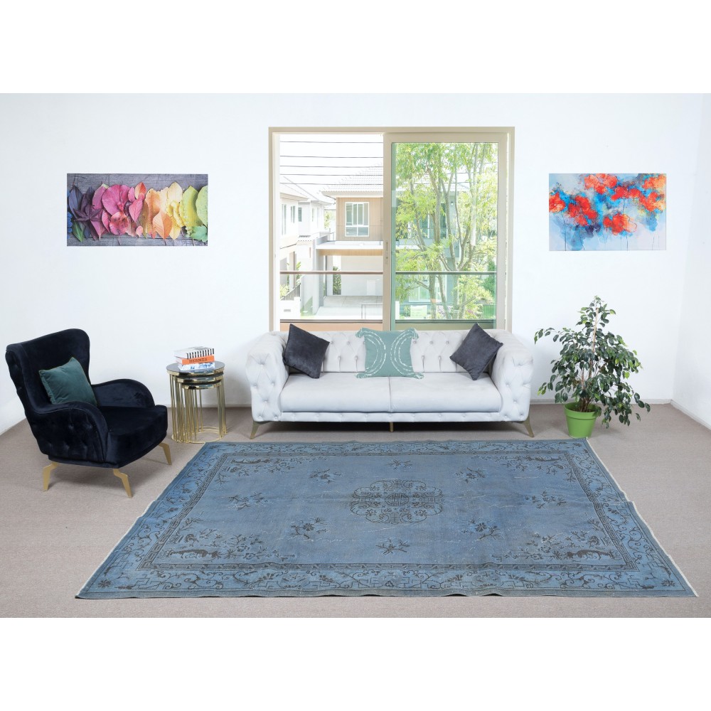 Art Deco Design Blue Area Rug for Living Room, Handmade Turkish Carpet for Dining Room