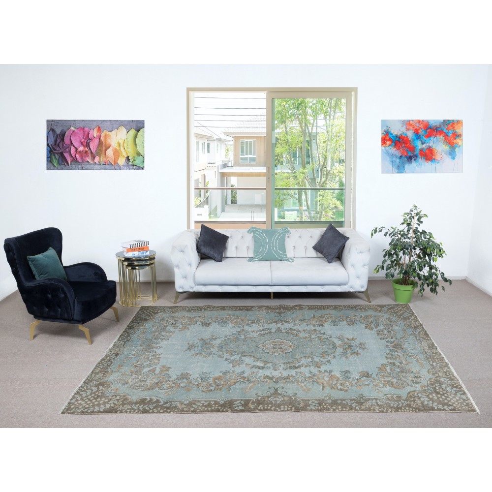 Hand Knotted Light Blue Color Area Rug, Modern Medallion Design Turkish Carpet