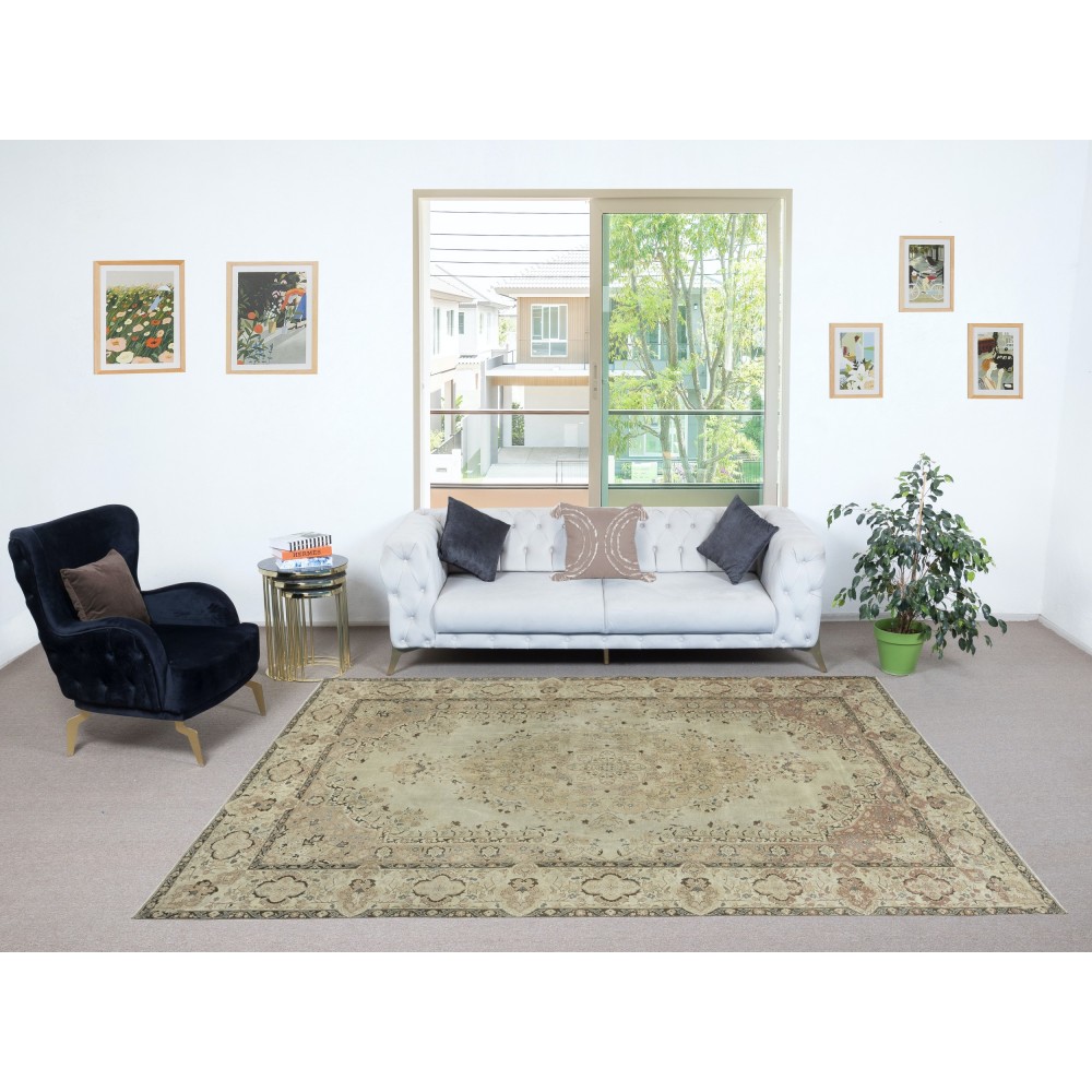 One of a kind Vintage Rustic Turkish Area Rug. Handmade Sun Faded Carpet for Country & Farmhouse Decor