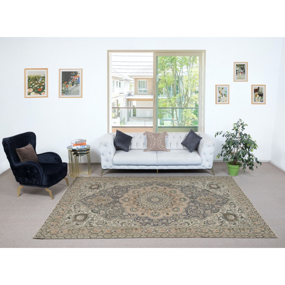 Vintage Handmade Turkish Wool Area Rug in Soft, Muted Colors