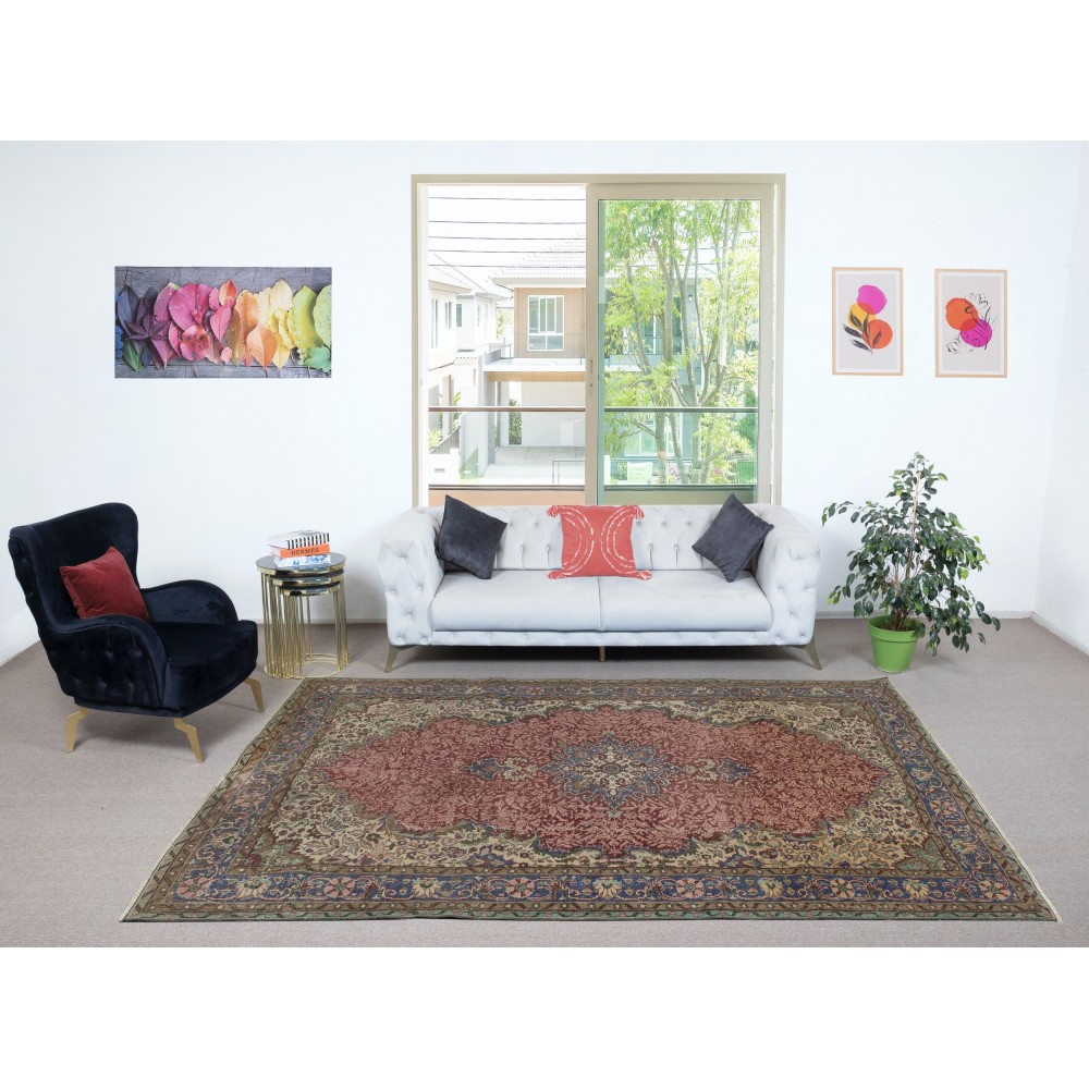 One of a kind Handmade Turkish Area Rug, Red Vintage Carpet with Medallion Design