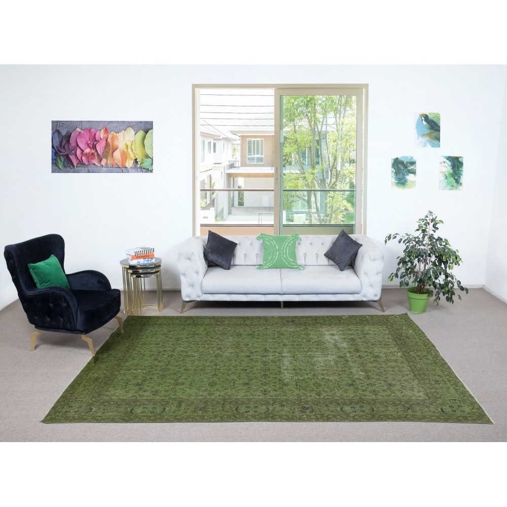 Contemporary Handmade Floral Patterned Turkish Large Area Rug in Green Color
