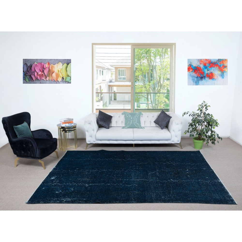 Overdyed Wool Navy Blue Area Rug, Handmade in Turkey, Modern Large Carpet