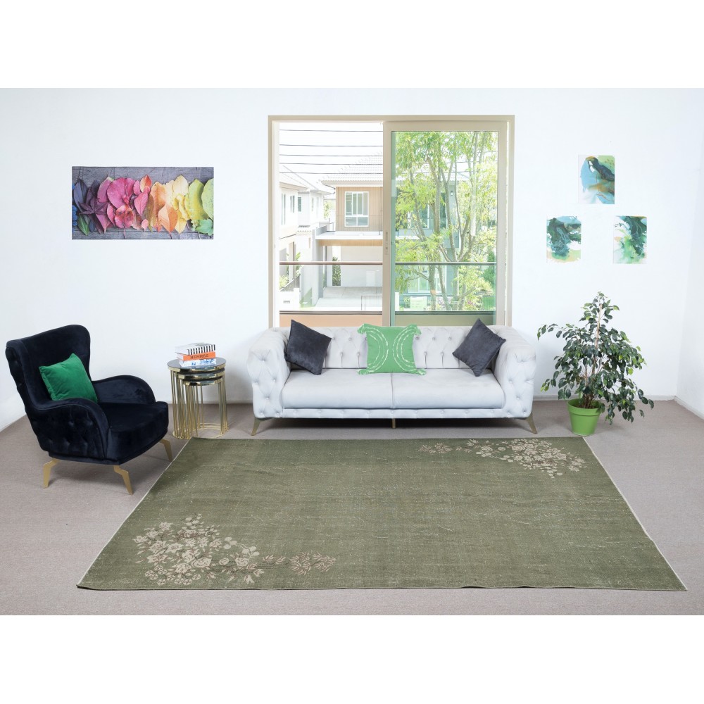 Chinese Art Deco Inspired Vintage Handmade Area Rug in Green Color