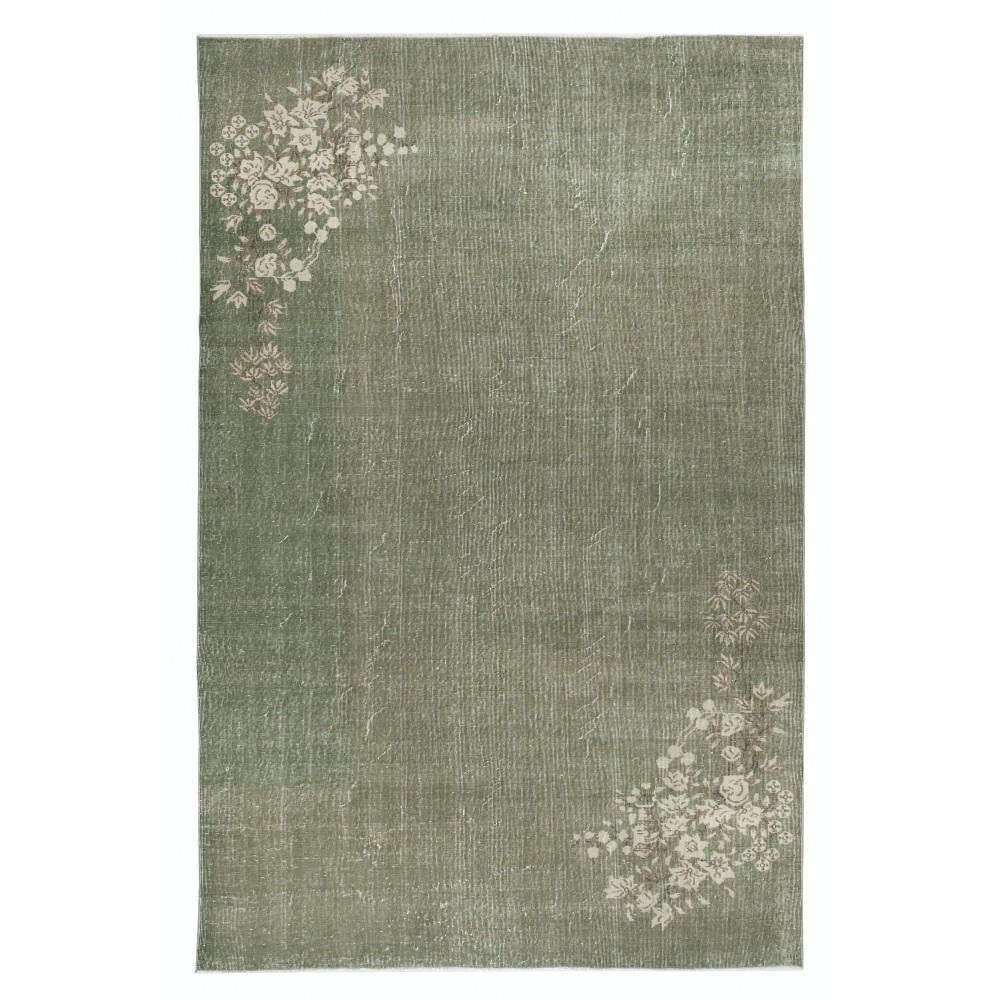 Chinese Art Deco Inspired Vintage Handmade Area Rug in Green Color