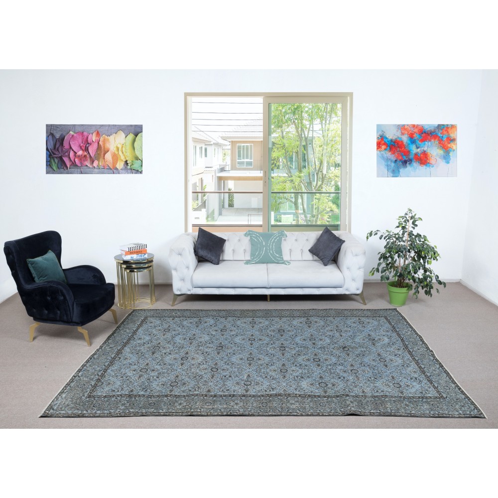 Contemporary Handmade Blue Color Turkish Wool Area Rug with Floral Design