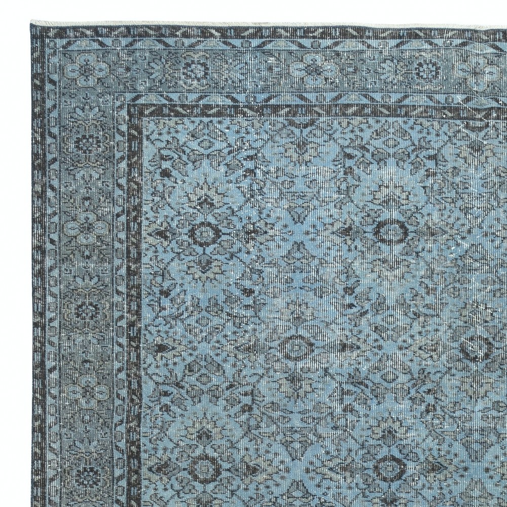 Contemporary Handmade Blue Color Turkish Wool Area Rug with Floral Design
