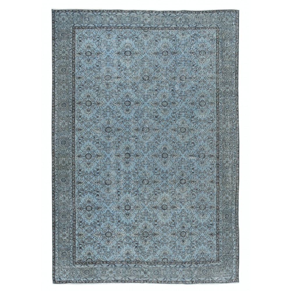 Contemporary Handmade Blue Color Turkish Wool Area Rug with Floral Design